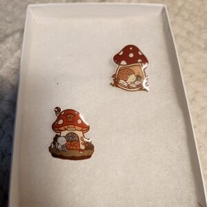5/20$ Small Mushroom House Enamel Pins- Cat And Hedgehog